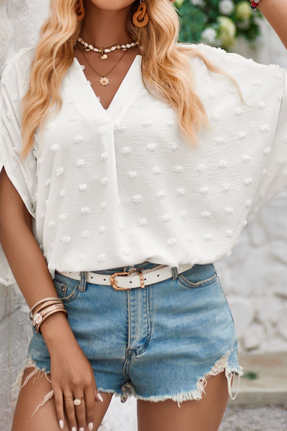 Swiss Dot Notched Half Sleeve Blouse