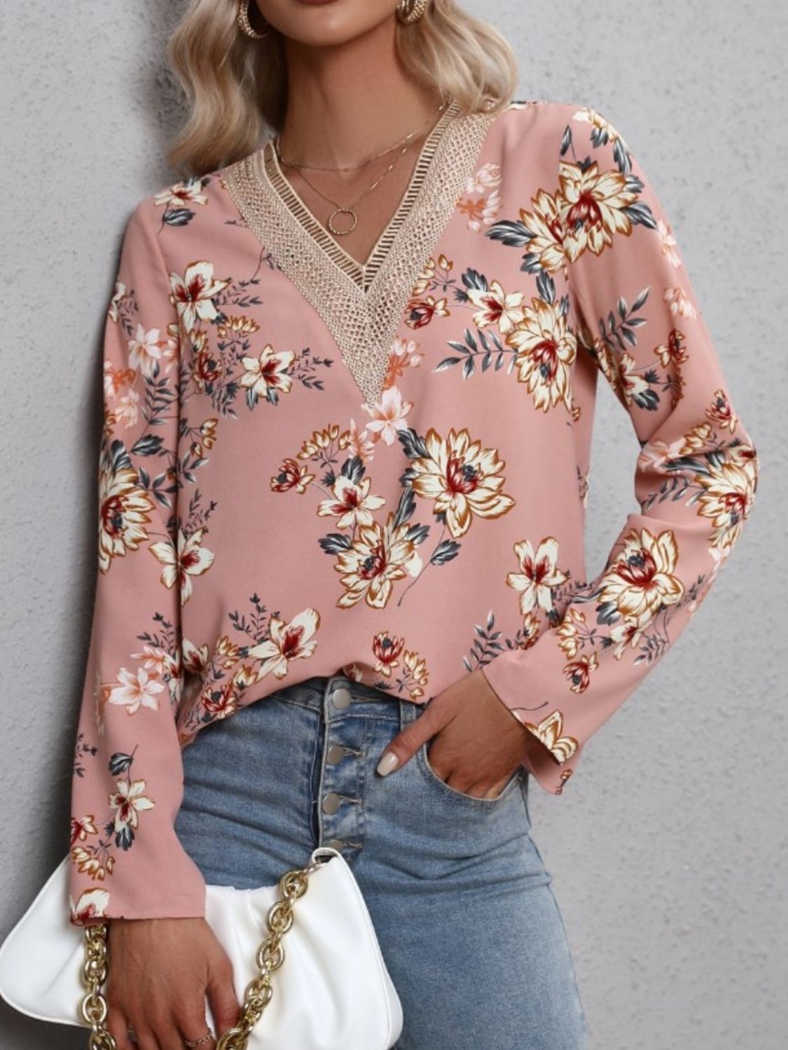 Printed V-Neck Long Sleeve Blouse