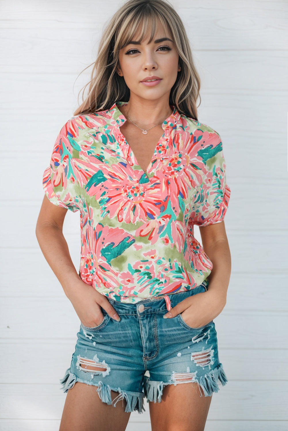 Floral Notched Neck Short Sleeve Top