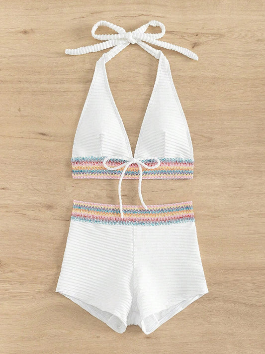 Backless Textured Halter Neck Two-Piece Swim Set