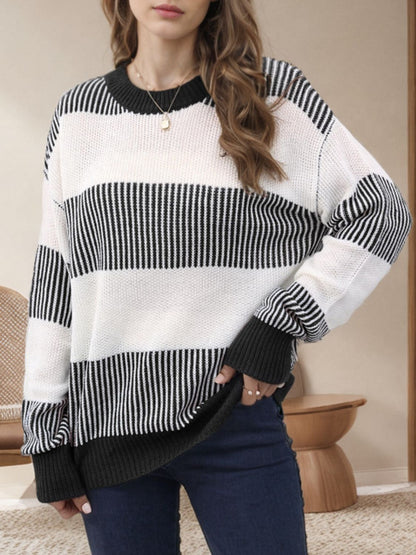 Striped Round Neck Long Sleeve Sweater