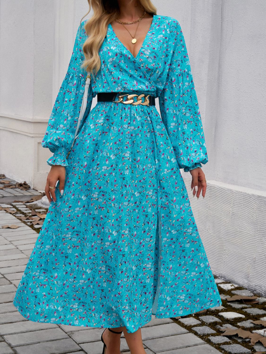 Split Printed Surplice Long Sleeve Midi Dress