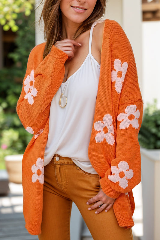 Flower Open Front Long Sleeve Cardigan