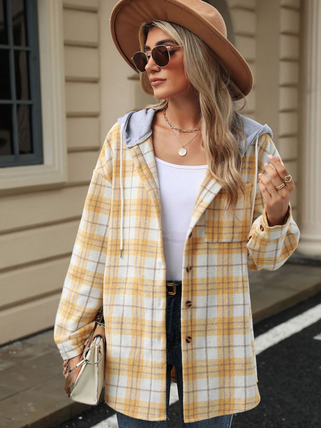 Drawstring Plaid Button Up Hooded Jacket