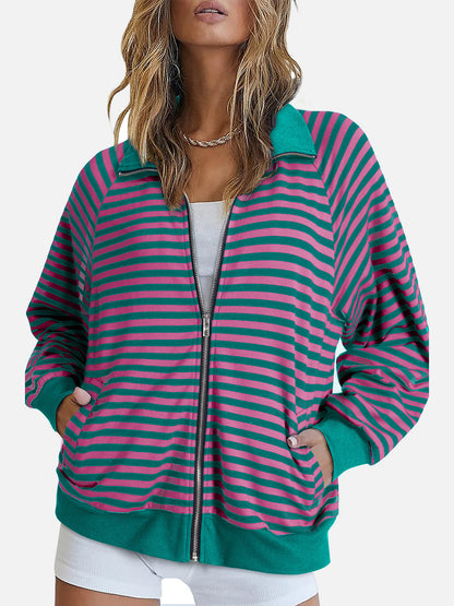 Striped Zip Up Long Sleeve Sweatshirt