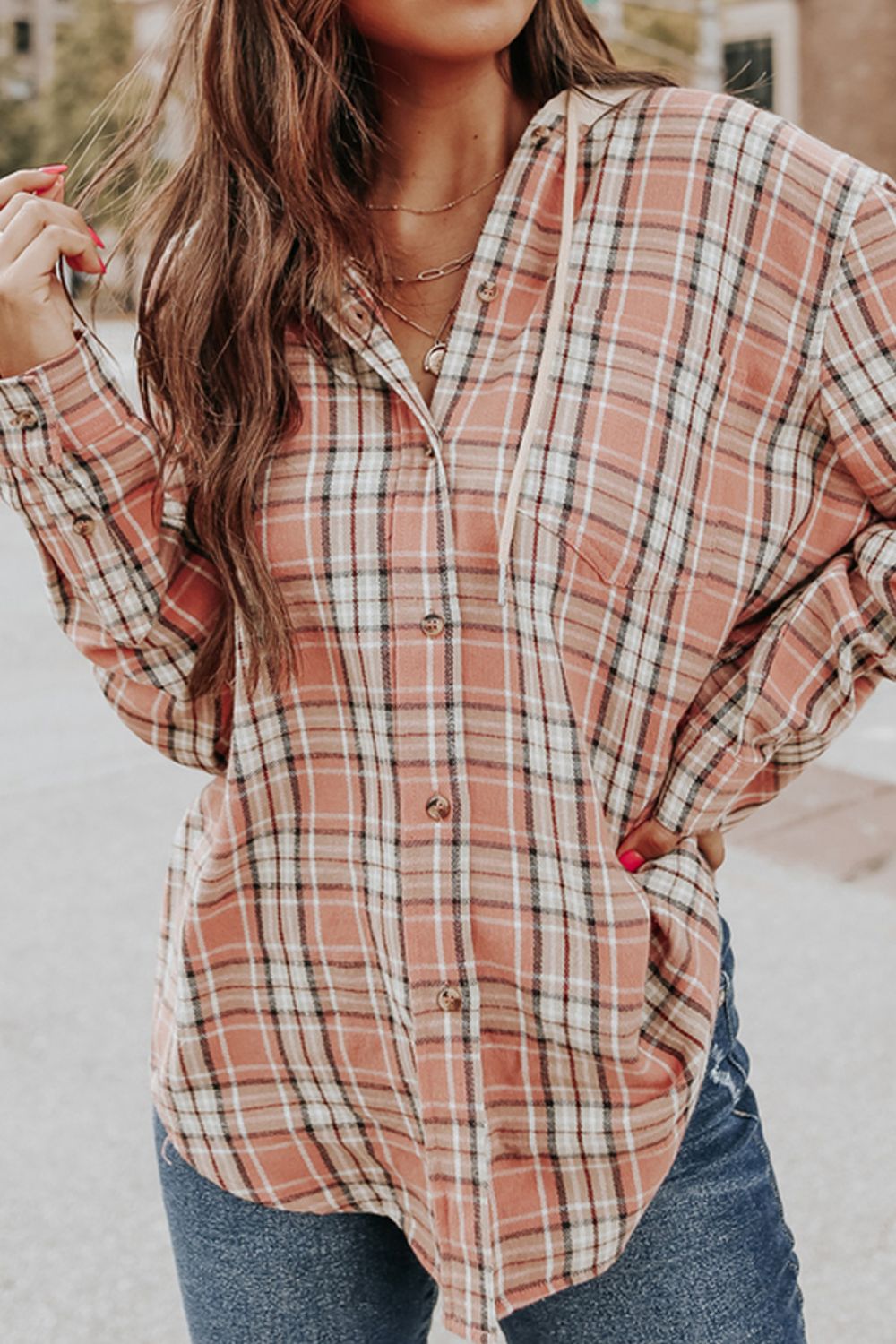 Drawstring Plaid Hooded Long Sleeve Shirt