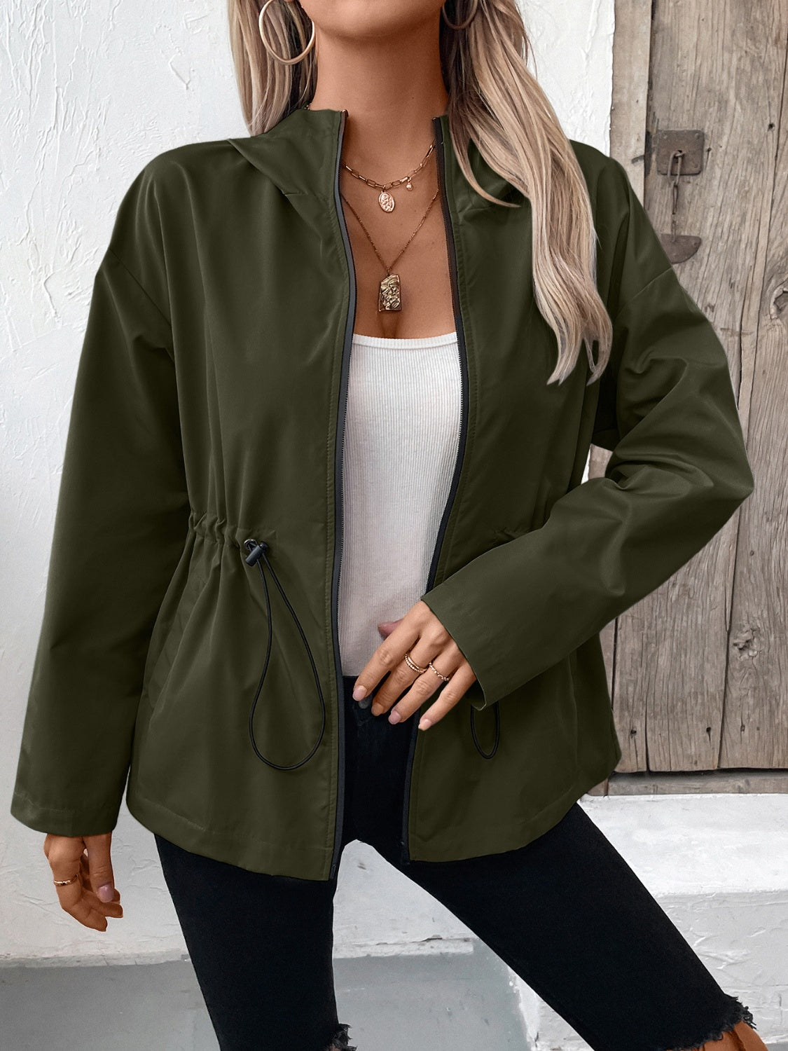 Drawstring Zip Up Hooded Jacket