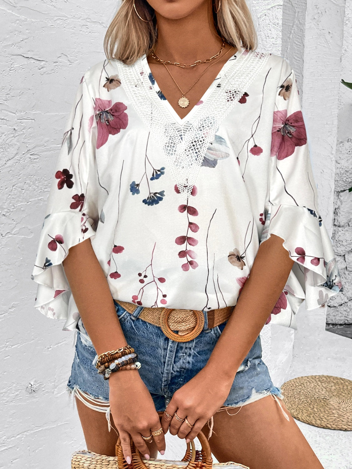 Ruffled Printed V-Neck Half Sleeve Blouse