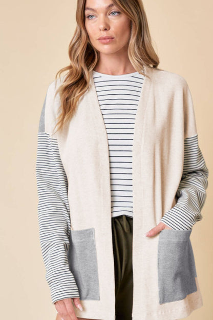 Open Front Long Sleeve Striped Cardigan with Pockets