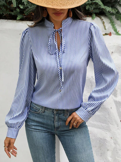 Striped Tie Neck Long Sleeve Blouse