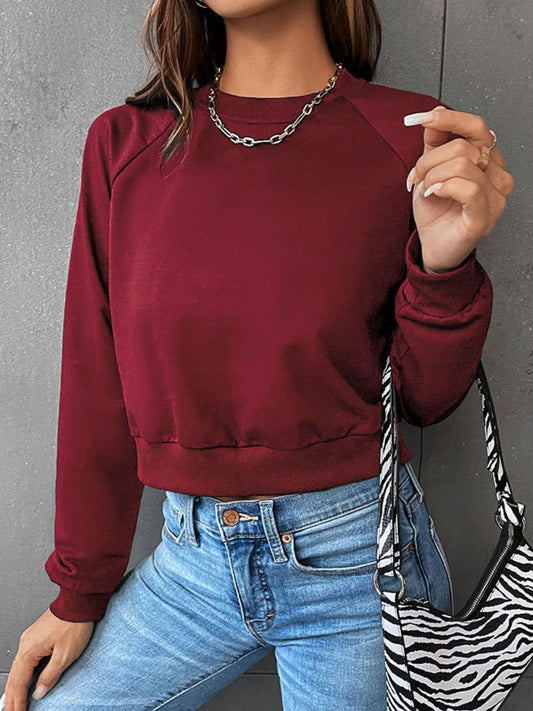 Perfee Raglan Sleeve Round Neck Cropped Sweatshirt