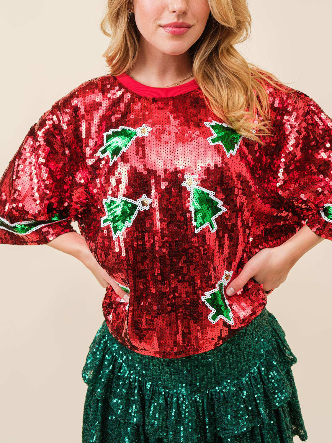 Sequin Round Neck Half Sleeve Top