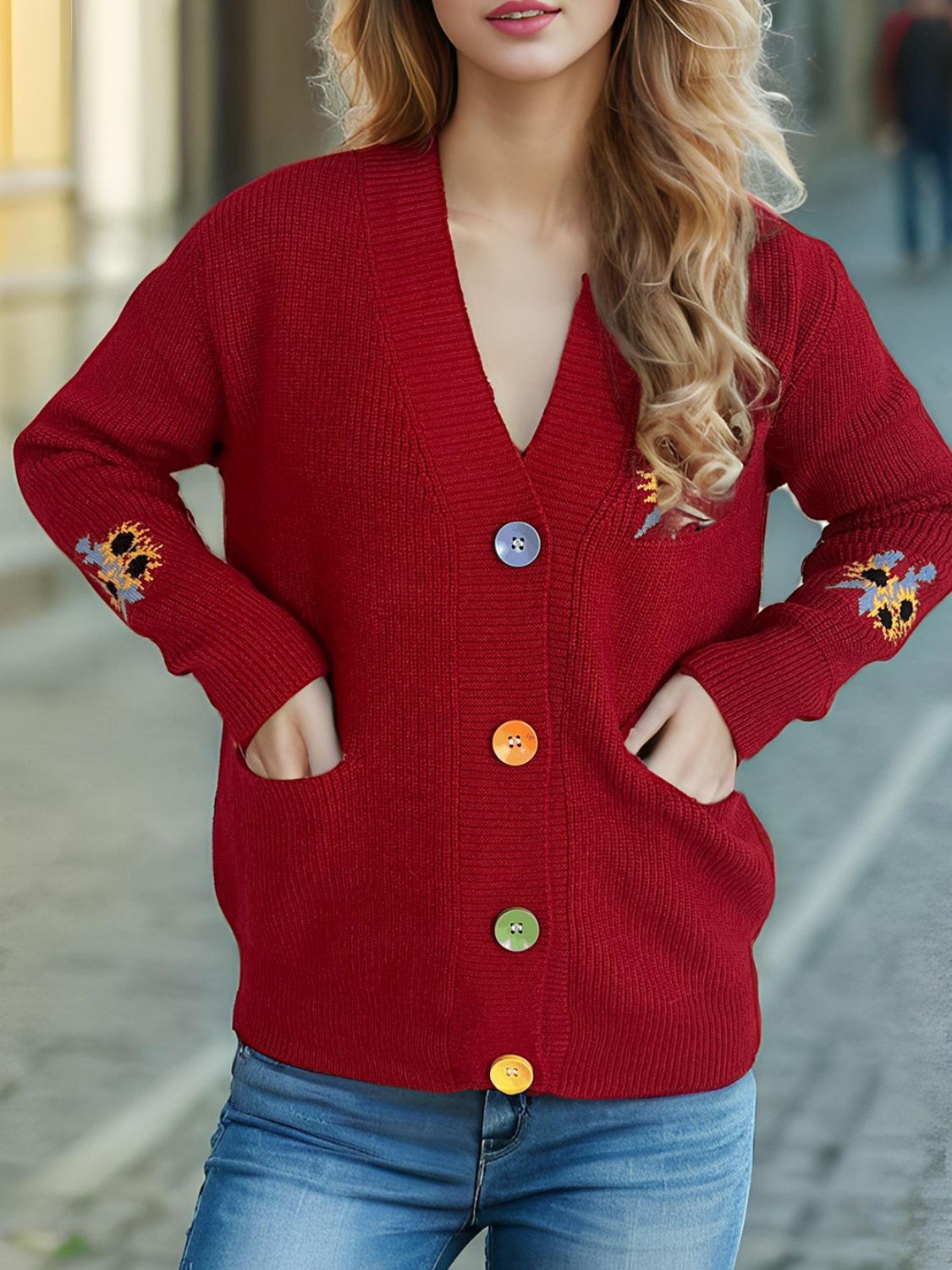 Contrast Button V-Neck Long Sleeve Cardigan