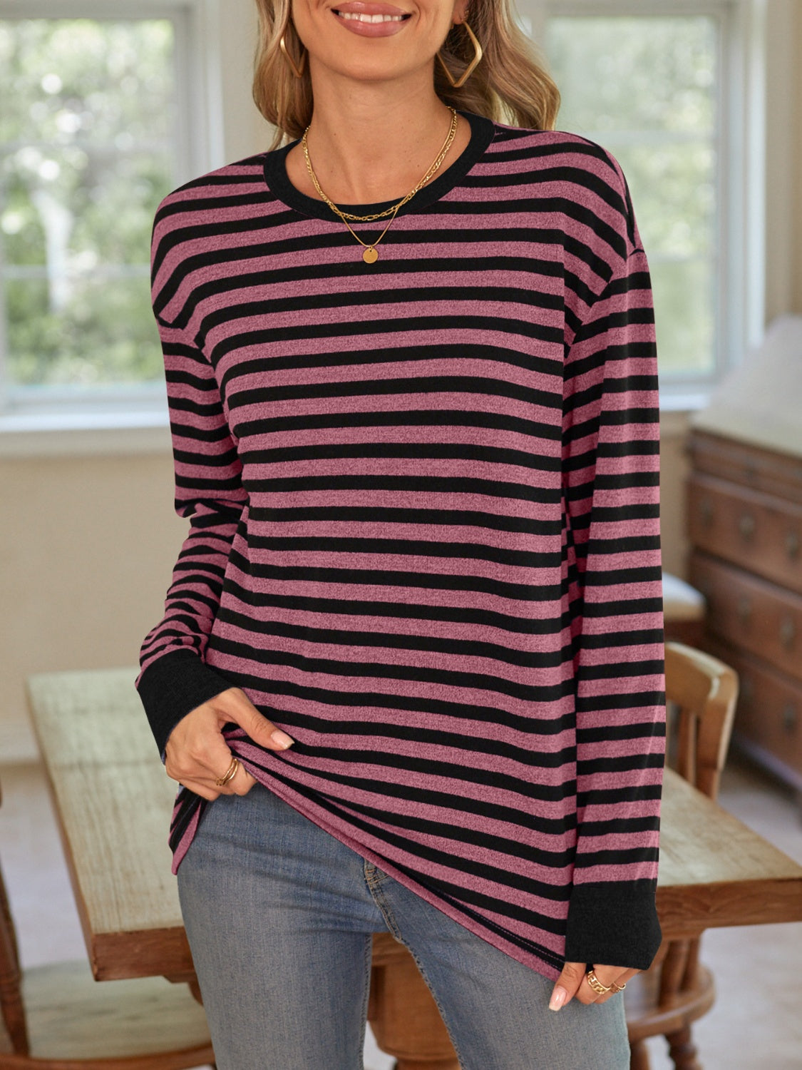 Striped Round Neck Long Sleeve T-Shirt