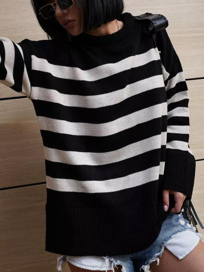 Slit Striped Round Neck Sweater