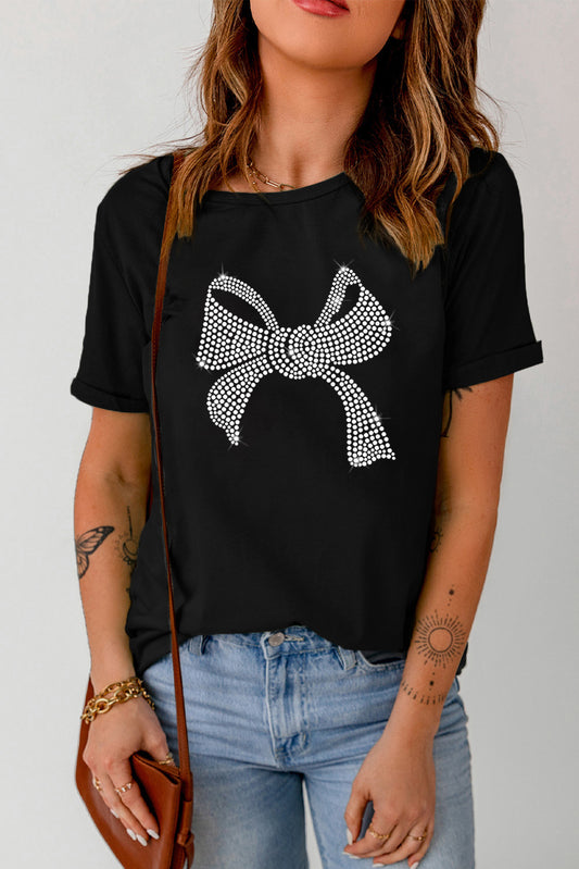 Rhinestone Bow Graphic Round Neck Short Sleeve T-Shirt