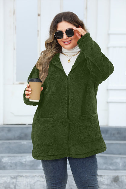 Plus Size Zip Up Long Sleeve Hooded Outerwear