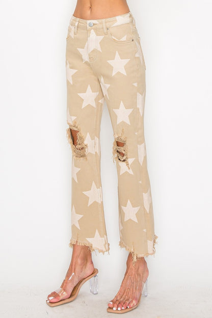 RISEN Full Size High Rise Star Printed Frayed Hem Jeans