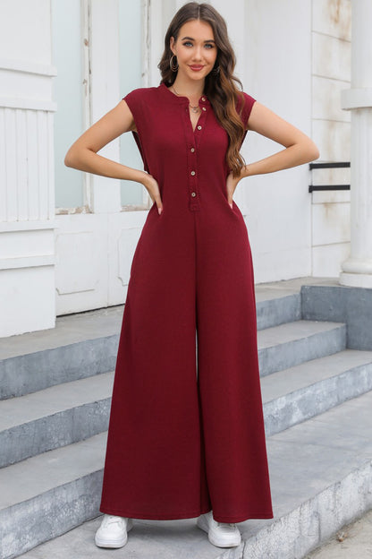 Half Button Wide Leg Jumpsuit with Pockets