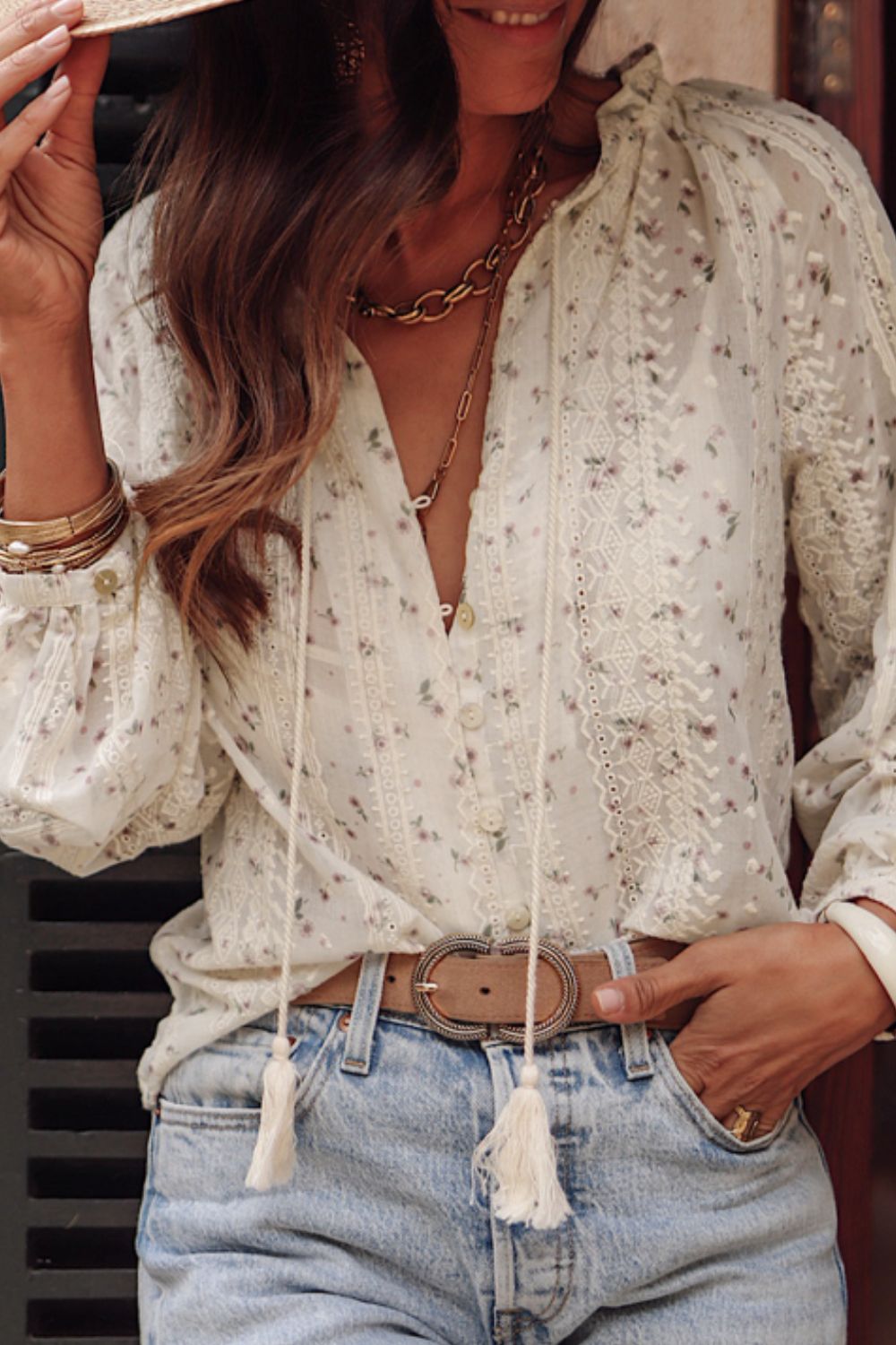 Frill Lace Detail Printed Tie Neck Long Sleeve Blouse