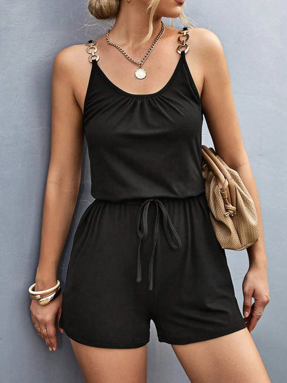 Pocketed Buckle Trim Scoop Neck Romper