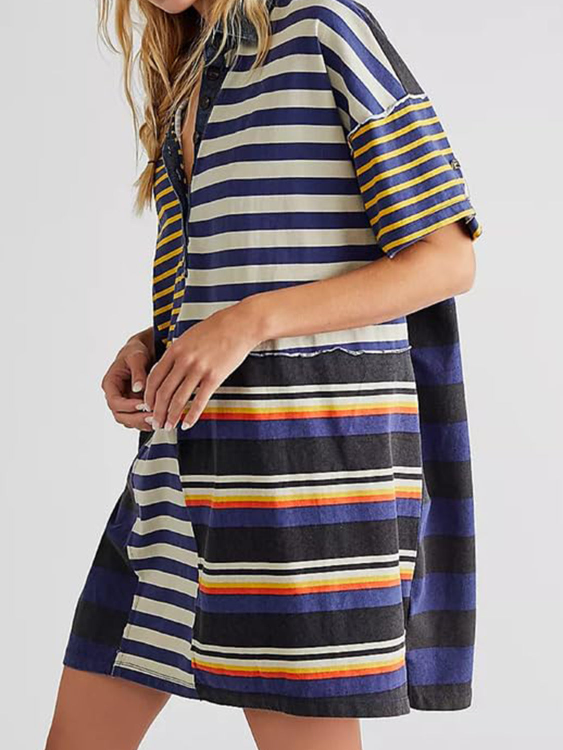 Exposed Seam Striped Half Sleeve Mini Dress