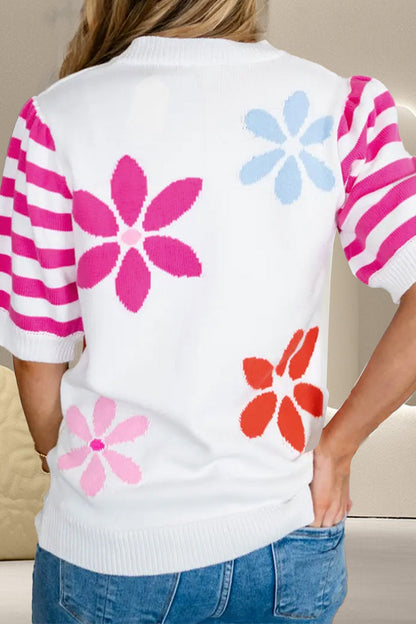 Flower Pattern Round Neck Half Sleeve Knit Top