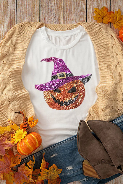 Sequin Pumpkin Round Neck Short Sleeve T-Shirt