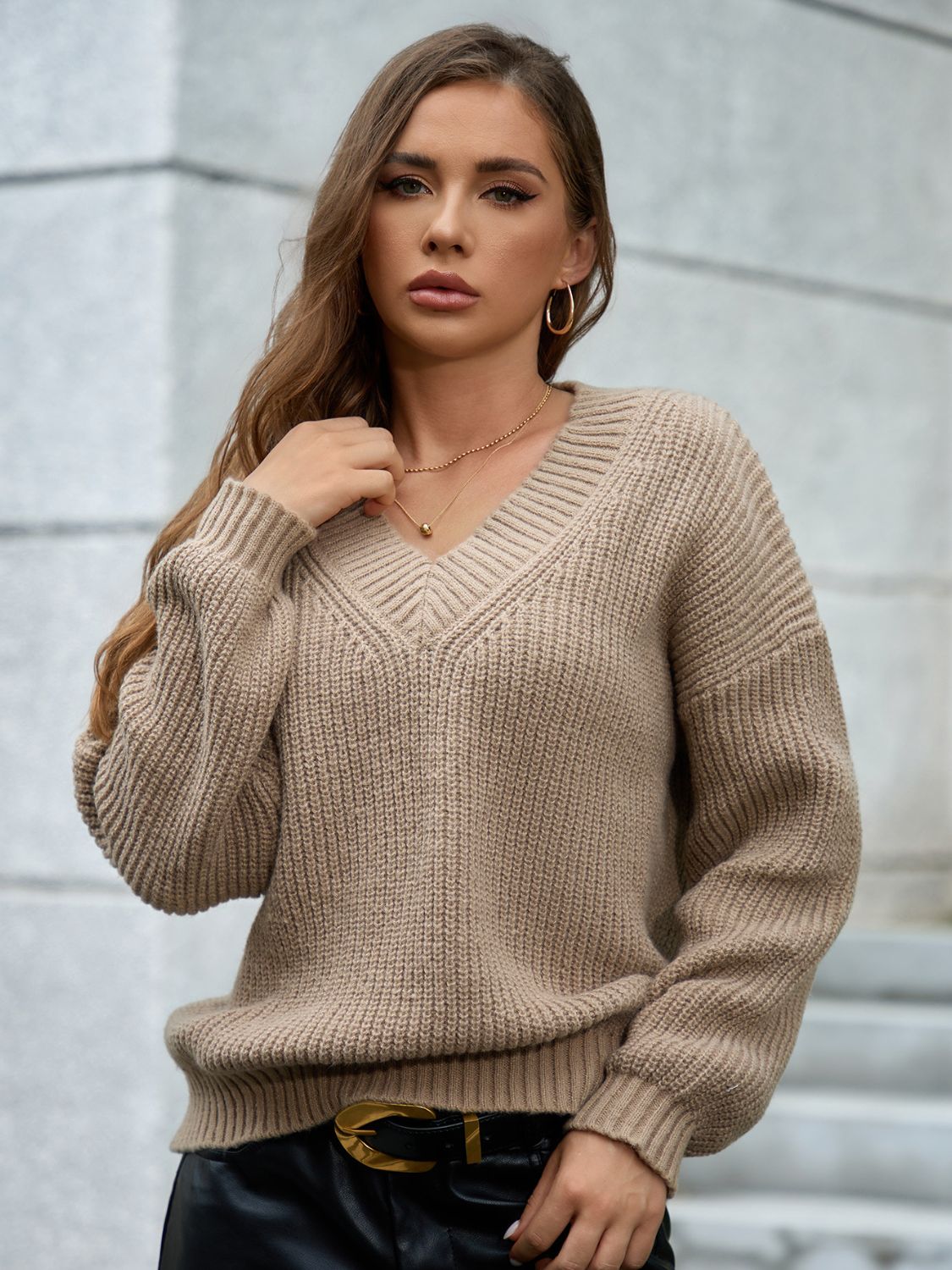 V-Neck Dropped Shoulder Long Sleeve Sweater