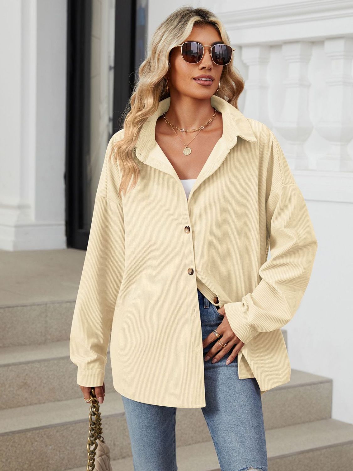 Collared Neck Long Sleeve Dropped Shoulder Shirt