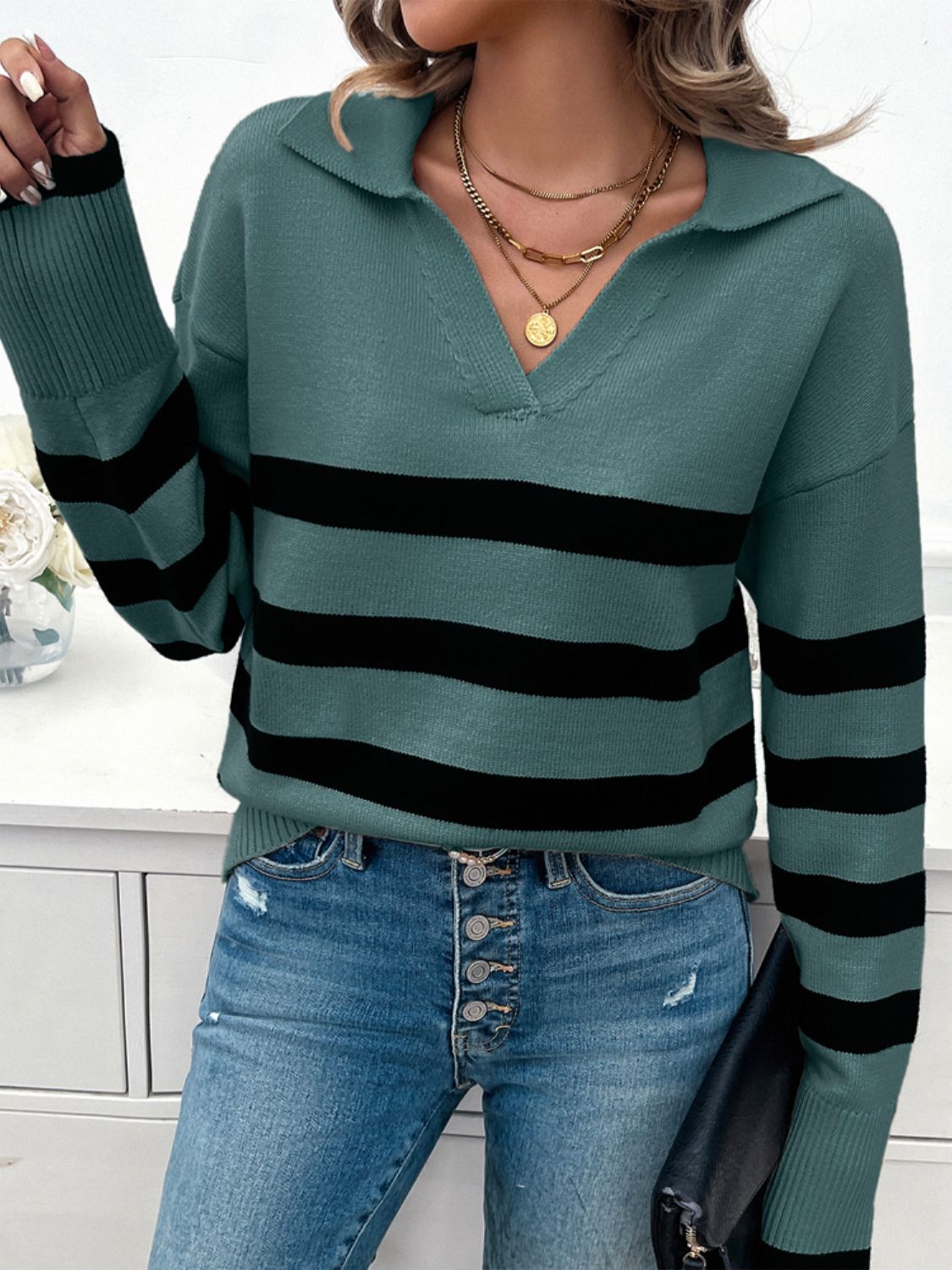 Striped Collared Neck Long Sleeve Sweater