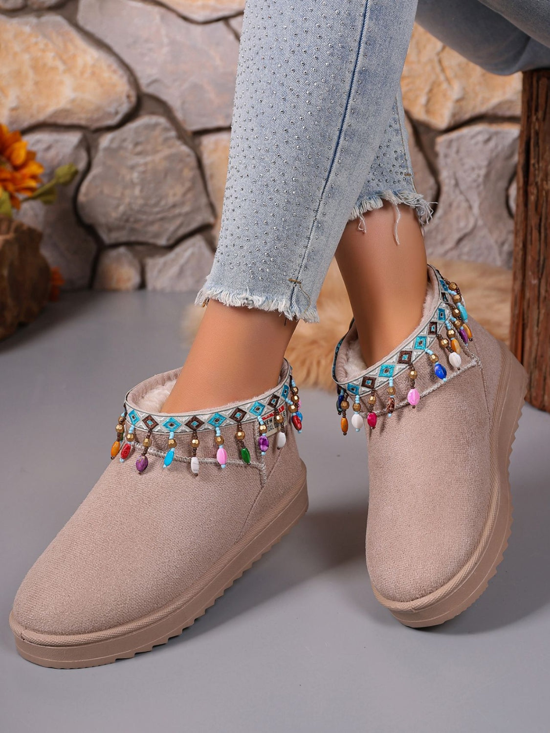 Thermal Faux Fur Beaded Platform Boots