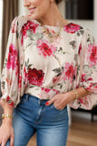 Tied Floral Round Neck Three-Quarter Sleeve Blouse