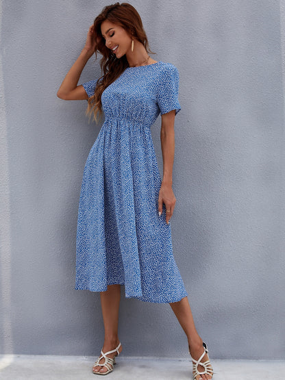 Printed Round Neck Short Sleeve Midi Dress