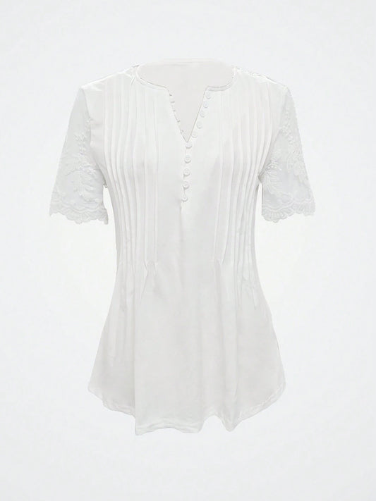 Notched Lace Short Sleeve Top