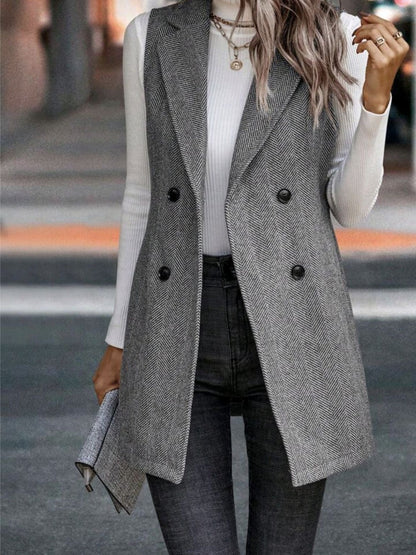 Buttoned Collared Neck Longline Vest Coat