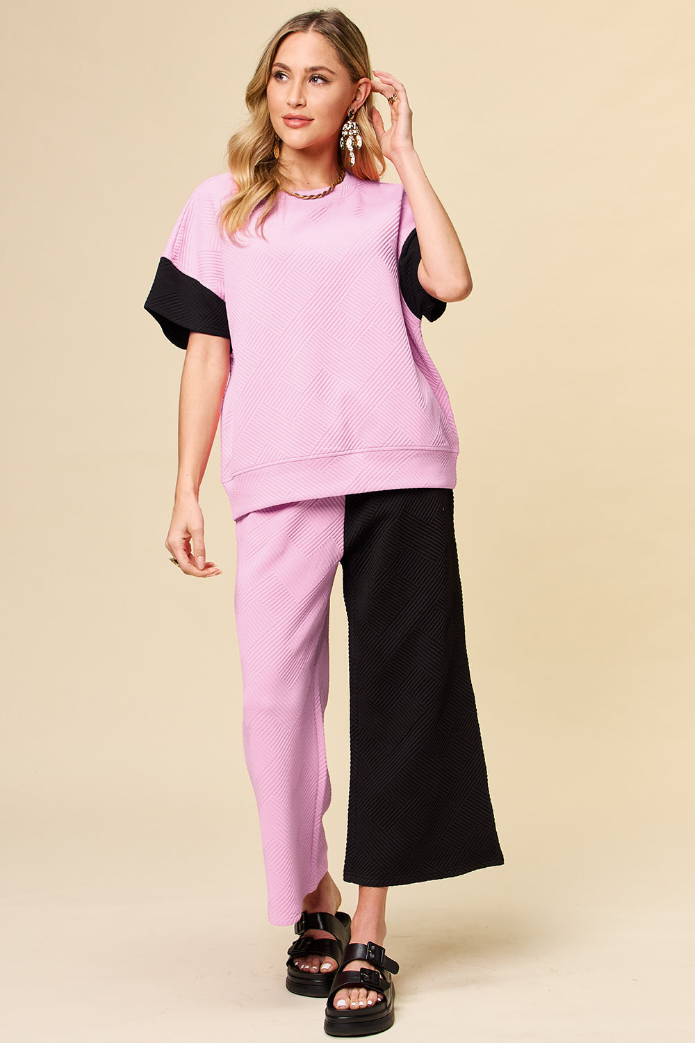 Double Take Full Size Texture Contrast T-Shirt and Wide Leg Pants Set