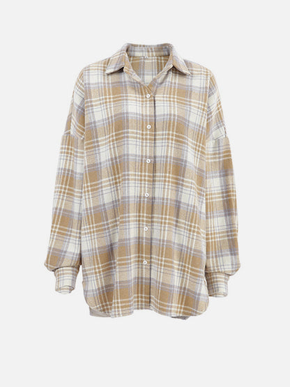 Plaid Collared Neck Dropped Shoulder Shirt