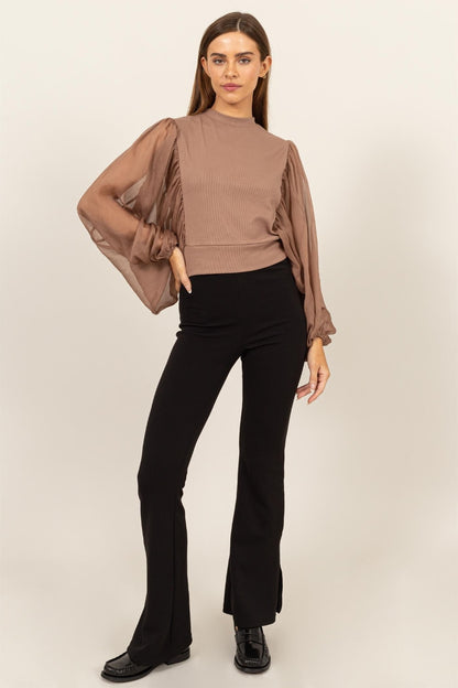 HYFVE Ruched Sheer Long Sleeve Mock Neck Blouse