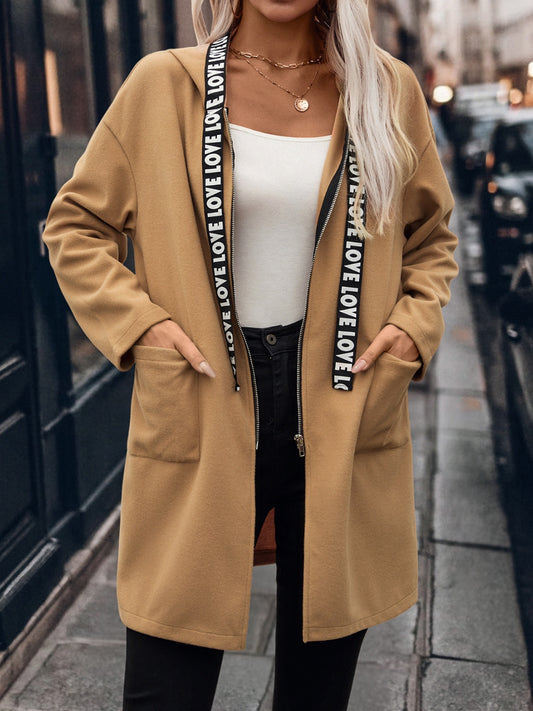 Letter Print Strap Zip Up Hooded Trench Coat