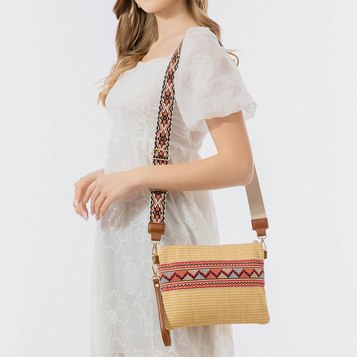 Geometric Straw Weave Crossbody Bag