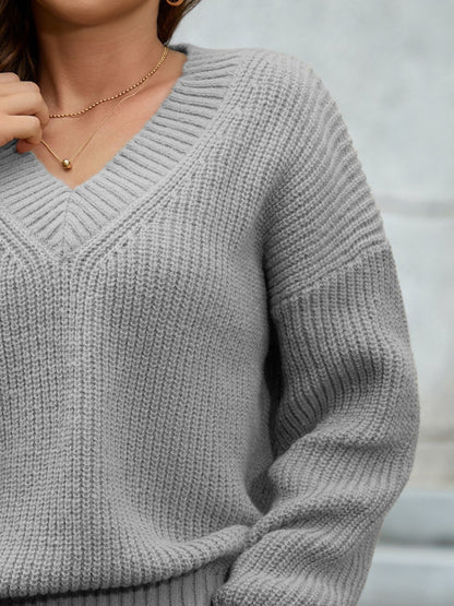 V-Neck Dropped Shoulder Long Sleeve Sweater