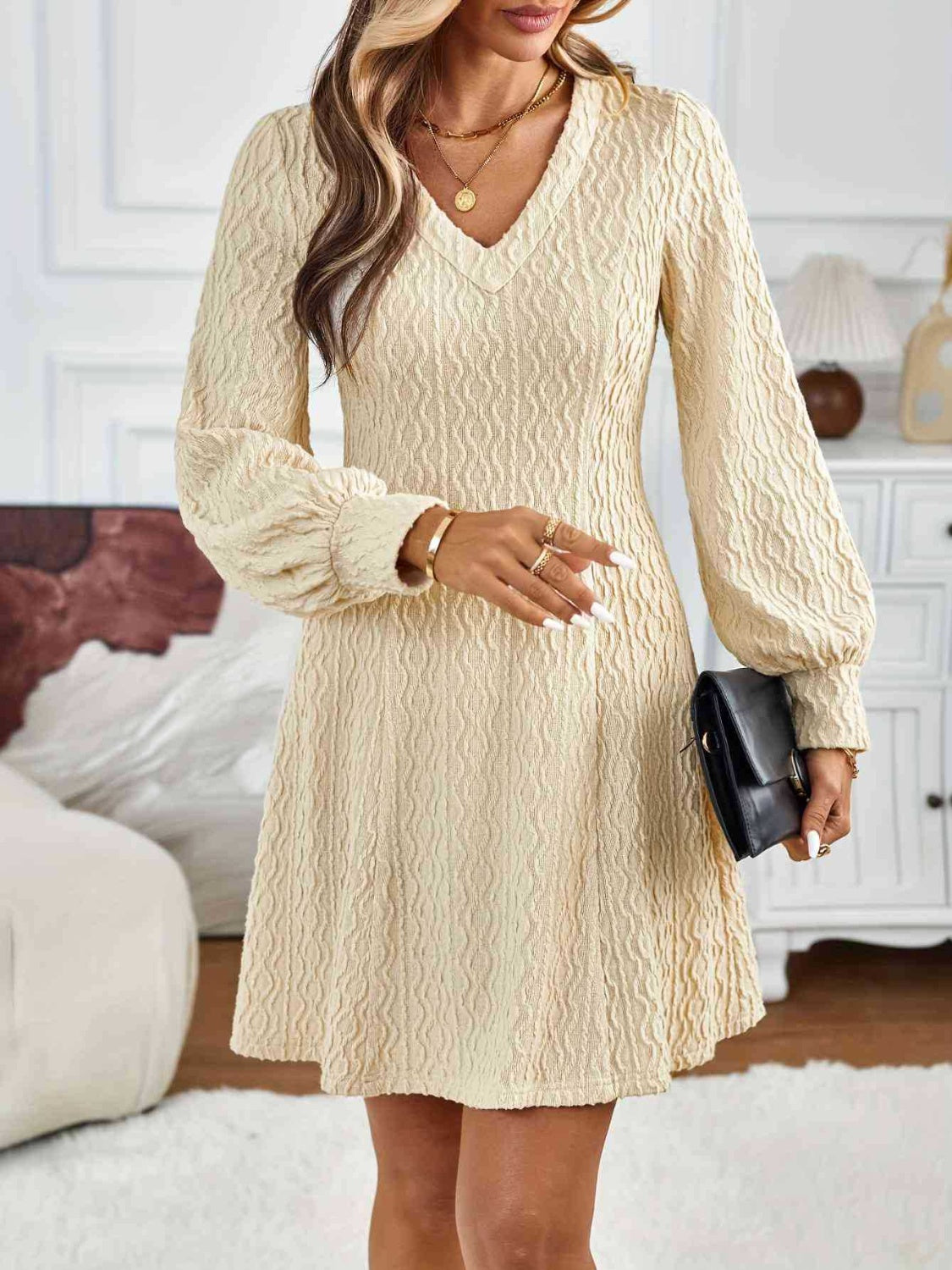 Lace Detail V-Neck Long Sleeve Dress