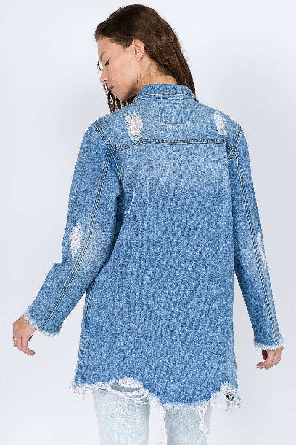 American Bazi Distressed Frayed Hem Denim Jacket