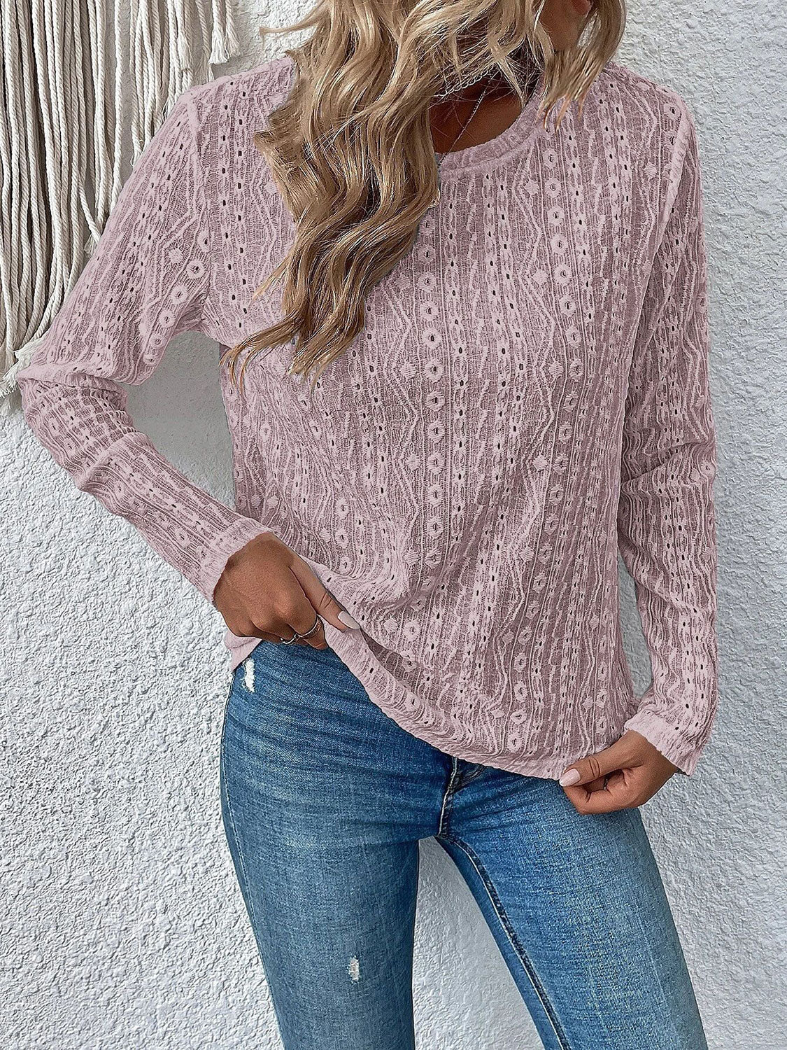 Eyelet Round Neck Long Sleeve Top