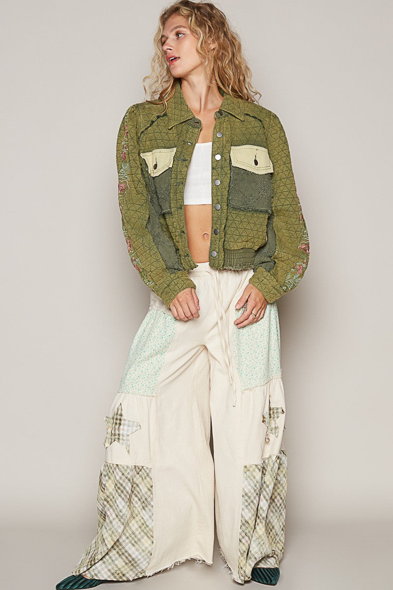 POL Embroidered Sleeve Raw Edge Quilted Jacket