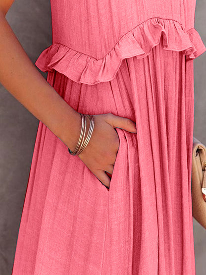 Ruffled Sleeveless Maxi Dress with Pockets