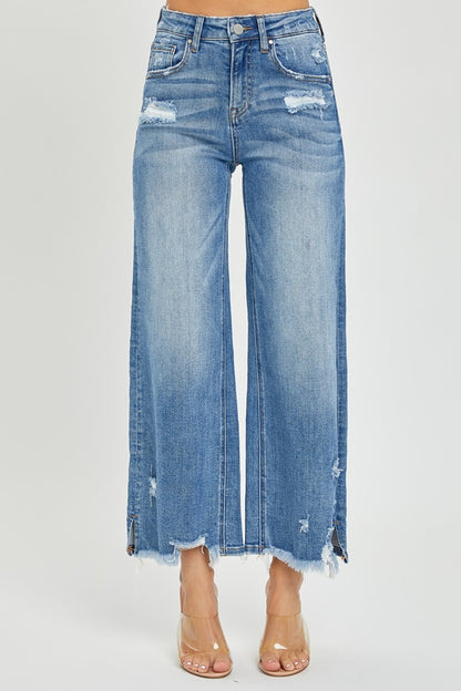 Risen High Rise Side Slit Raw Hem Cropped Jeans