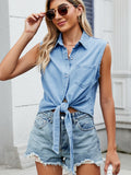 Collared Neck Sleeveless Denim Top