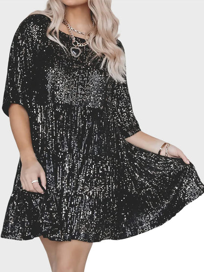 Full Size Sequin Round Neck Half Sleeve Mini Dress